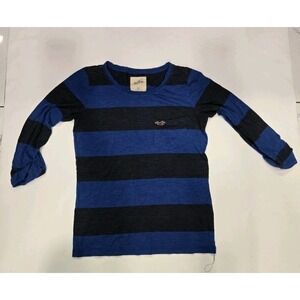 Hollister Women's Long Sleeve Striped T Shirt XS Blue Black Pocket Crew Neck